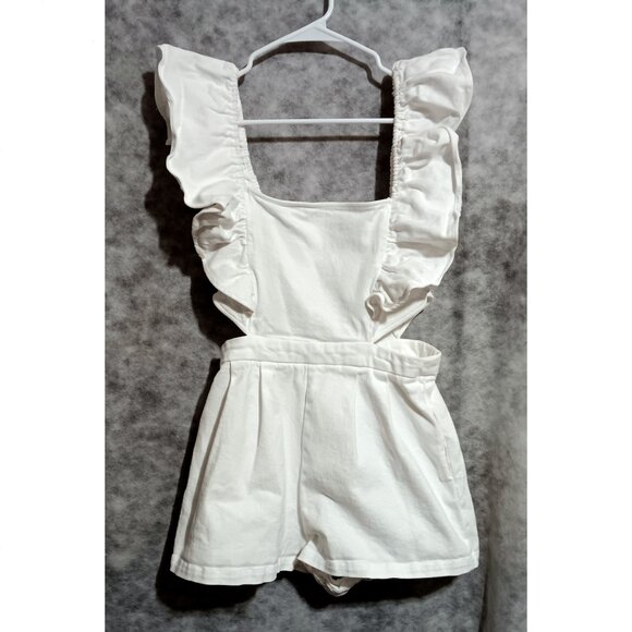 Denim by Flying Tomato white overall skort romper strap ruffles Sz L - Picture 1 of 4